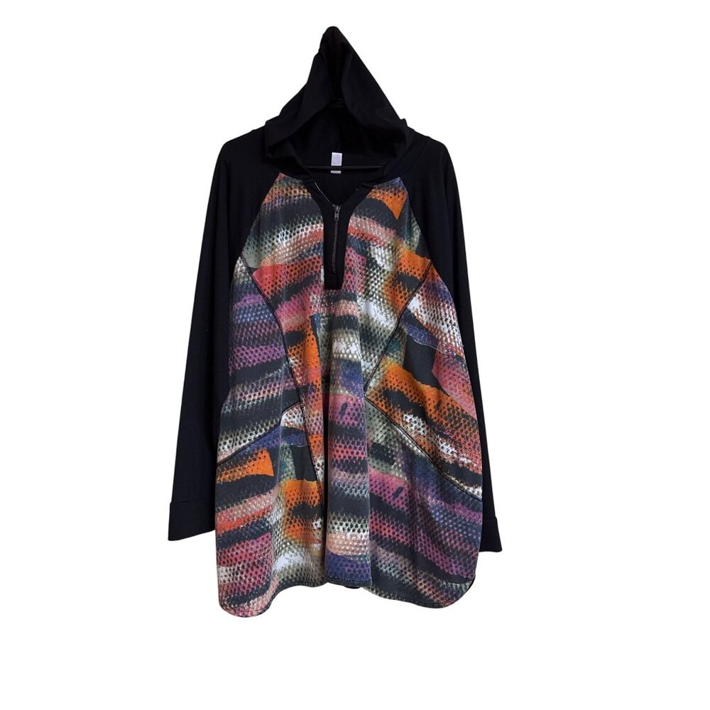 Avenue Womens Plus Size 26/28 Hooded Top With Colorful Abstract Front & Black Sl